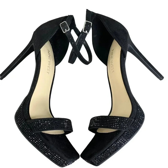 Nine West Rhinestone Suede Stiletto Platform Heels Strap Sandals  Size 6M Black - Picture 5 of 15